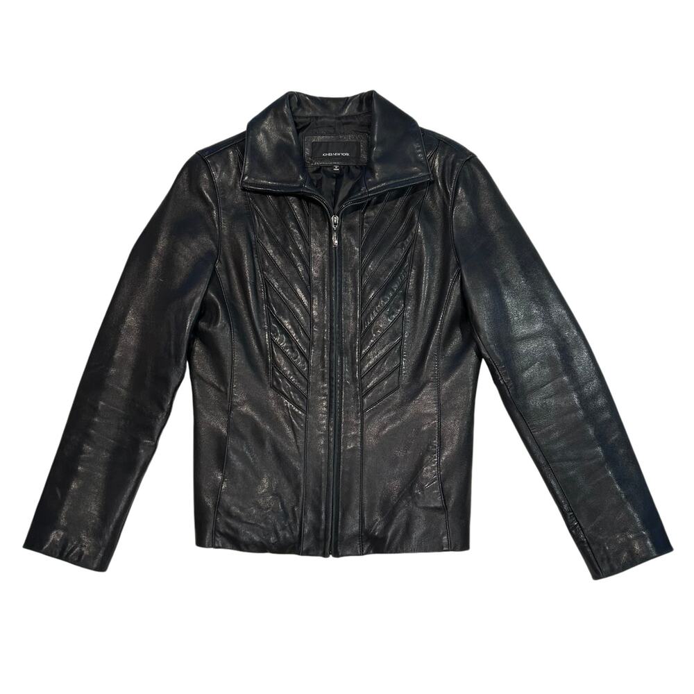 Jones New York Black Leather Zip Up Moto Biker Jacket Size M